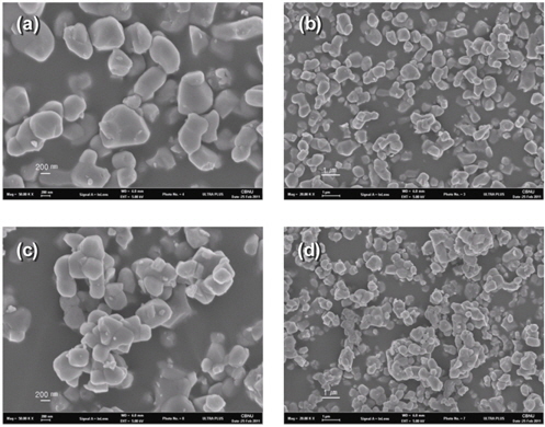 SEM images of Li4Ti5O12 (a) × 50000 and (b) × 20000 and Ru added Li4Ti5O12 (c) × 50000 and (d) × 20000.