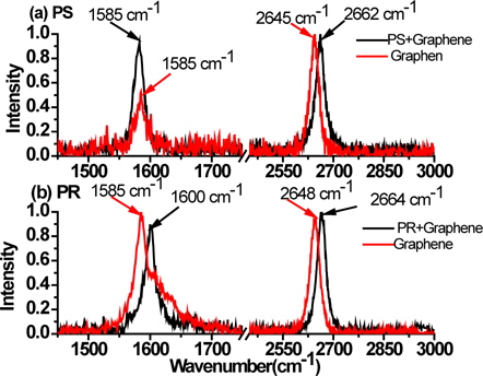 Recorded Raman spectra of both graphene and protected surfaces by (a) polystyrene (PS) and (b) AZ300 photo-resist (PR) as an etching mask before the RIE process.