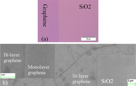 (a) The optical and (b) SEM images of the bilayer graphene film etched using 6 s of the RIE process. The inset SEM shows the monolayer graphene after 3 s of the RIE process.