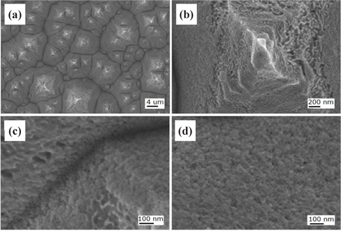 FESEM images of the Si solar cell sample nanotextured using a low concentration one-step process for the etching time of 5 min. Image (a) shows nanotextured pyramids, (b) shows a deep-etched pyramid on the top area, (c) sows a valley area, and (d) shows a hillside.