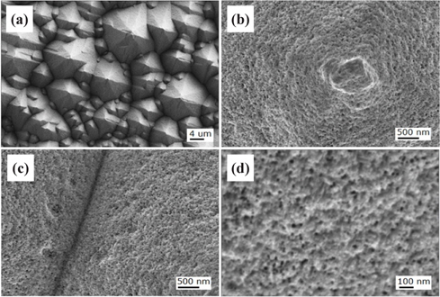 FESEM images of the Si solar cell sample nanotextured using a low concentration two-step process for the etching time of 30 sec. Image (a) shows nanotextured pyramids, (b) a uniformly etched pyramid on the top area, (c) a valley area, and (d) a hillside.