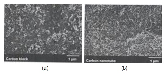 Scanning electron microscope (SEM) images of carbon black and carbon nanotube (CNT) power. (a) Carbon black and (b) CNT.