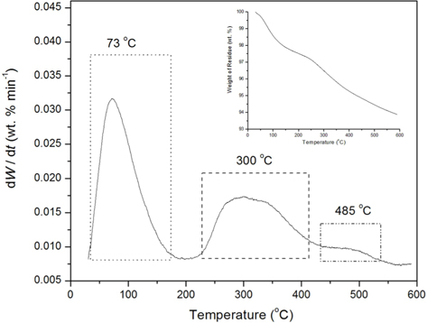 Differential thermogravimetry (TG) and TG (inset) curves of hydroxyapatite/graphene (HAP/Gr) composite powder.