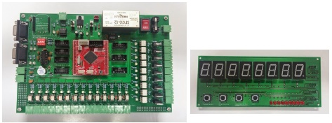 (a) ATmega2560 기반의 액화기 제어기 보드 (b) 액화기 디스플레이/키입력/LED 표시 보드