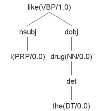 Graphical representation of the dependency tree for the sentence “I like the drug.”
