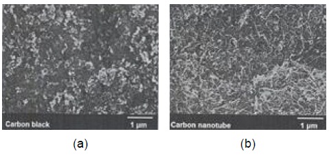 (a) 카본블랙과 (b) 카본 나노-튜브의 전자현미경 사진