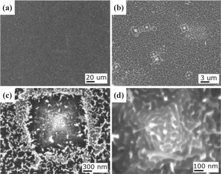 FESEM images of formation of the nanotextured nanopyramidal structure by etching with the high concentration of HF:AgNO3 (5:0.01 M) solution for the etching time of 10 sec.