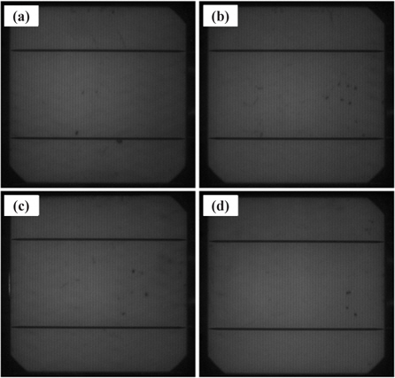Photographic photoluminescence images of (a) microtextured Ref. cell and the nanotextured Si solar cells for etching times of (b) 30 sec, (c) 1 min, and (d) 5 min.