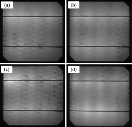Photographic electroluminescence images of (a) microtextured Ref. cell and the nanotextured Si solar cells for etching times of (b) 30 sec, (c) 1 min, and (d) 5 min.