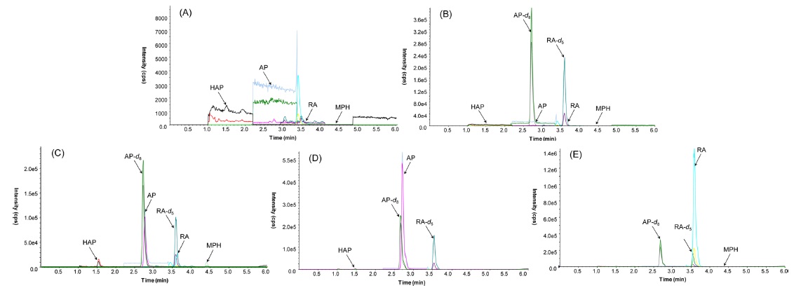 Representative MRM chromatograms including drug-free urine without IS (A), drug-free urine (B), spiked urine containing 20 ng/mL of HAP, 40 ng/mL of AP and RA, and 2 ng/mL of MPH (C), and drug positive urine samples (D and E).