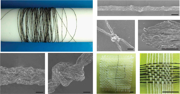 Macroscopic neat graphene oxide (GO) fibers and chemically reduced GO fibers. Reprinted from Xu and Gao. Nat Commun, 2, 571 (2011), with permission of Nature Publishing Group [83].