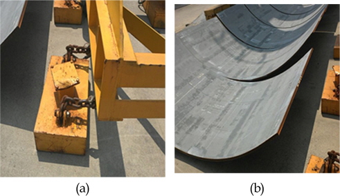 Actual view of current chain type magnetic clamp (a), curve panel for ship manufacturing (b)