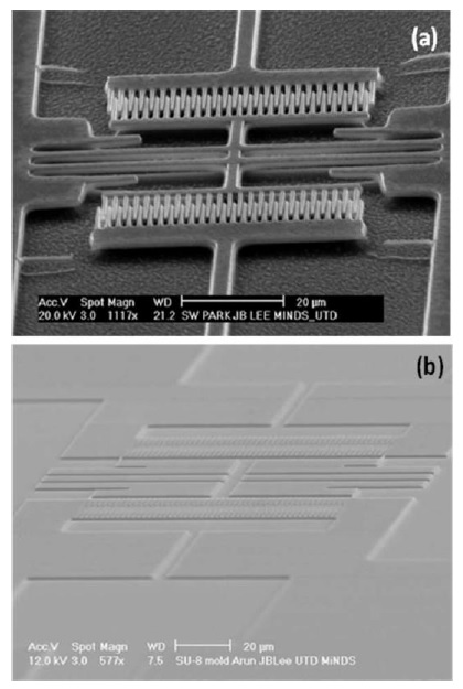 Scanning electron microscopy (SEM) images of a tested combdrive structure: (a) 1:1 aspect ratio metallic comb-drive using a PMMA mold, (b) 3:1 aspect ratio SU-8 mold.