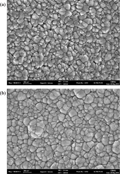 SEM micrographs of multi-layer absorber films with different dc power. (a) DC power of 200 W and (b) DC power of 300 W.