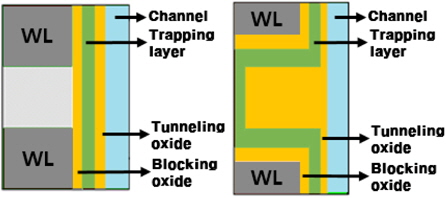 The charge trapping layer structure of (a) BiCS 3D NAND and (b) TCAT 3D NAND.
