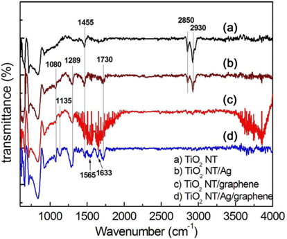Fourier transform infrared spectroscopy spectra of TiO2 NTs, Ag/TiO2 NTs, and graphene/Ag/TiO2 NTs.