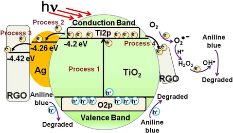 An energy diagram of electron and hole-transfer in a graphene-Ag-TiO2 system. The bandgap energy of TiO2 is 3.2 eV. The potential of the conduction band of TiO2 NTs is ？4.2 eV, and the work function of the Ag particles and reduced graphite oxide (RGO) are ？4.26 eV and ？4.42 eV.