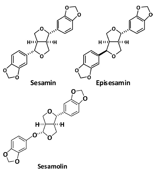 Structure of sesamin, episesamin, and sesamolin.