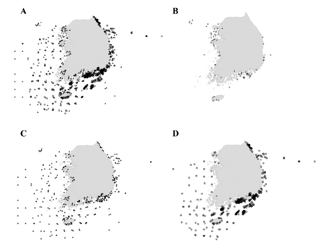 Sampling localities of the fish species during 2010-2012. (A) Total area, (B) 2010 year survey, (C) 2011 year survey, (D) 2012 year survey