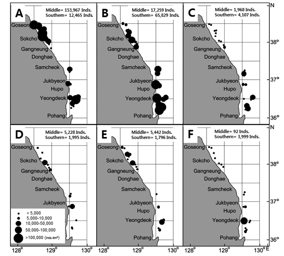 Spatial distribution of abundance (inds./km2) of six dominant species caught Danish seine survey in the East Sea (A, Arctoscopus japonicus; B, Glyptocephalus stelleri; C, Gymnocanthus herzensteini; D, Icelus cataphractus; E, Bothrocara hollandi; F, Clupea pallasii).