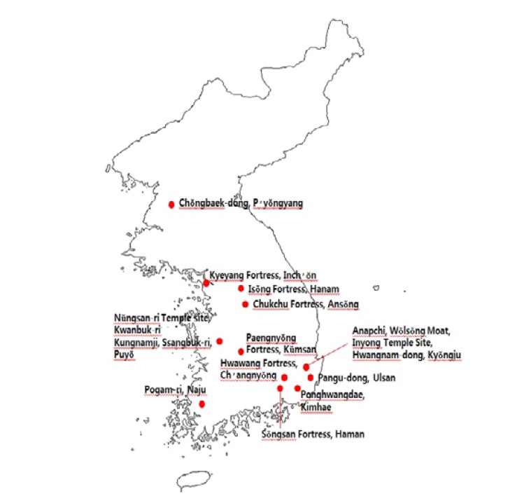 Major ancient Korean mokkan slips excavation sites