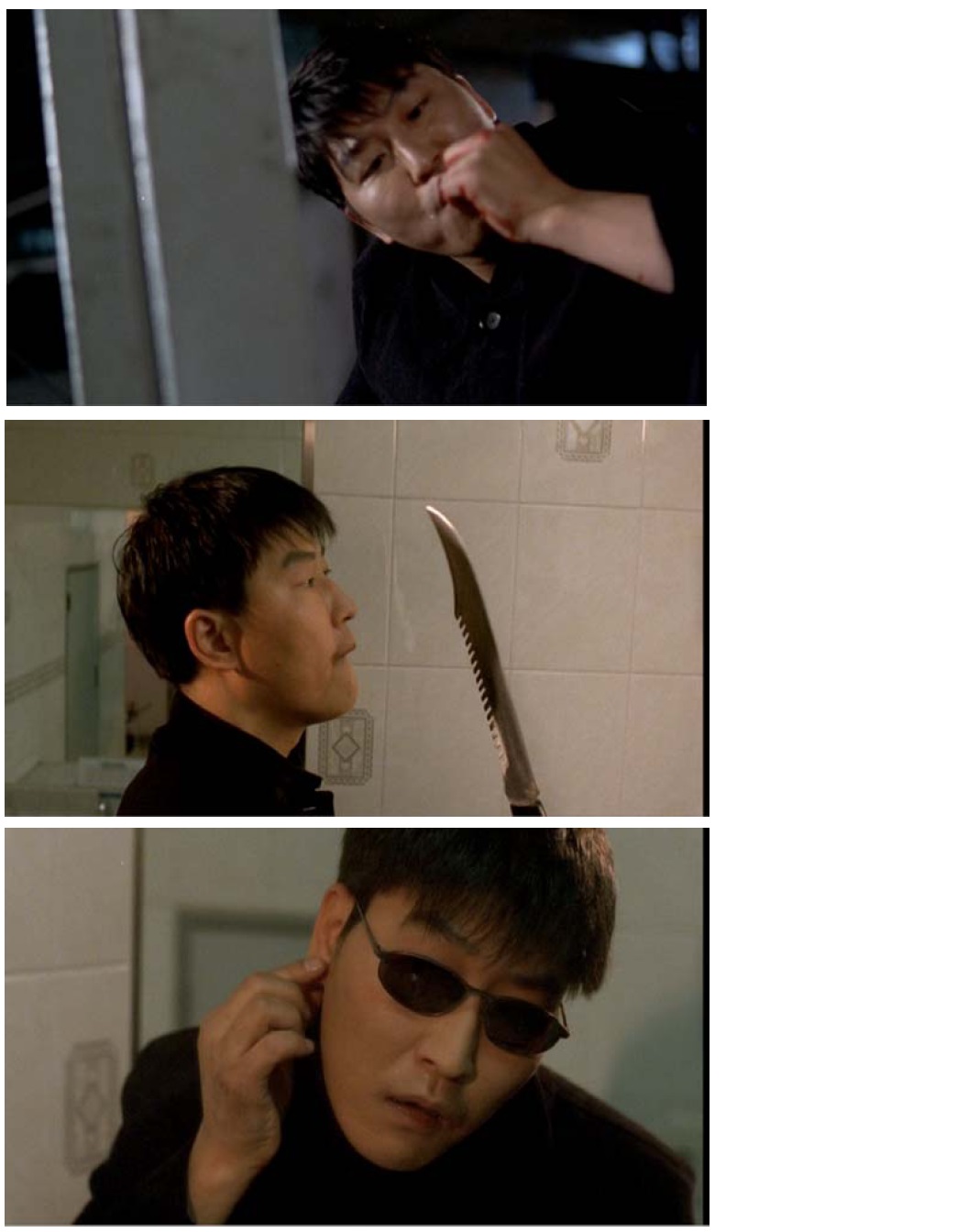 Film stills from the DVD Number 3 (1997, Kang Woo-Suk Productions). Top: Jo-pil eating a cockroach; middle: Jo-pil’s weapon of choice; bottom: Jo-pil calmly grooming himself in the mirror.