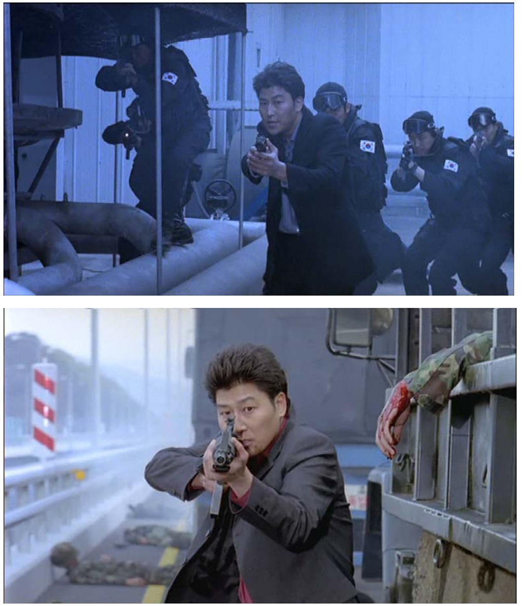 Film stills from the DVD Shiri (1999, Kang Je-gyu Films). Top: Special agent Lee leading a team of highly skilled officers on a raid; bottom: Lee (after repelling out of a hovering helicopter onto a bridge) pursuing heavily armed North Korean terrorist spies.