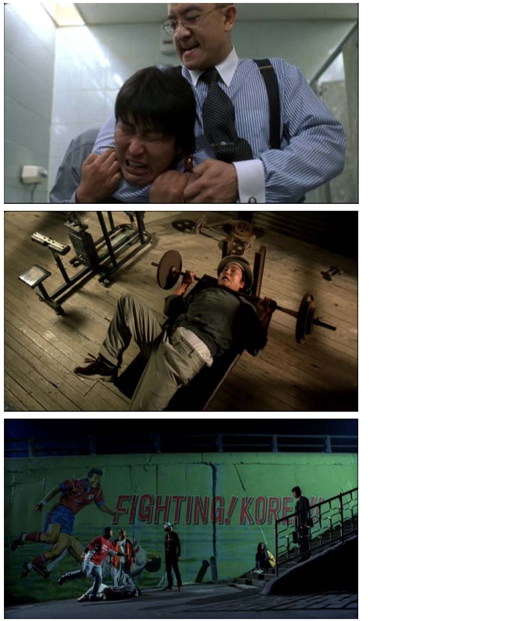 Film stills from the DVD The Foul King (2000, B.O.M. Film Productions). Top: Dae-ho’s manager holding him in a surprise headlock in the men’s bathroom; middle: Dae-ho at the wrestling gym struggling with too much weight; bottom: Dae-ho attempting to save a boy from being beaten-up by a gang of hoodlums.