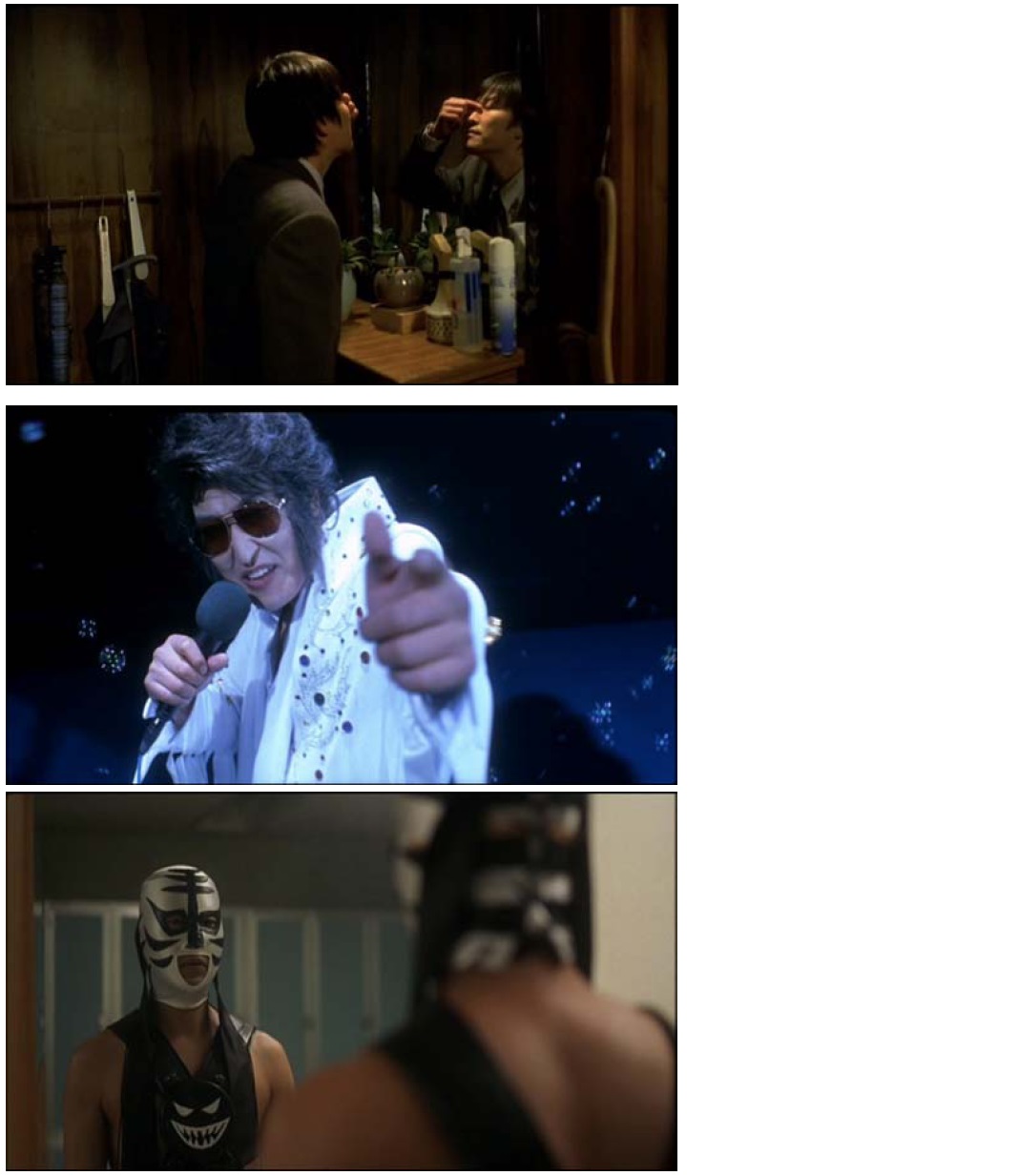 Film stills from the DVD The Foul King (2000, B.O.M. Film Productions). Top: Dae-ho at home tending to his injuries caused by the chasing hoodlums; middle: dream sequence in which Dae-ho is a singing Elvis wrestler who conquers his masked opponent (until he learns the opponent is actually his abusive boss); bottom: Dae-ho in his wrestling mask looking into the changing room mirror before the big match.