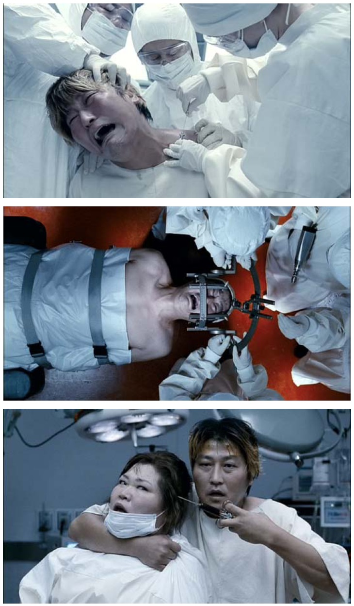 Film stills from the DVD The Host (2006, Chungeorahm Film). Top: A team of doctors holding Gang-du under ‘quarantine’ and conducting various experiments on him; middle: Doctors prepping Gang-du for invasive brain surgery without any anesthesia; bottom: Gang-du after his frontal lobotomy, attempting to escape the lab and resume his search for his missing daughter.