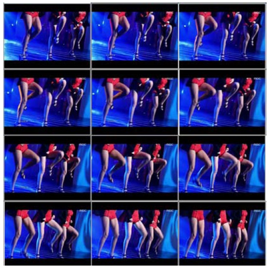 Screen captures from Kara’s Music Core performance. These images serve as an explanation of video frame analysis―as I advanced the video frame by frame I was able to accurately identify how the camera treated the body. For example, in this series the camera does not move―there is no zooming in/out or panning action.