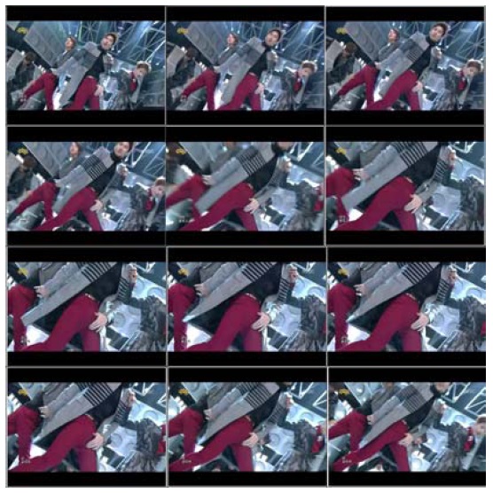 Screen captures of a Music Core performance by Boyfriend. Music Core frequently uses tilted cameras. In this series we see the videographer has both zoomed in and then zoomed back out with the focal point of the shot clearly the bulge in the pants of one performer.