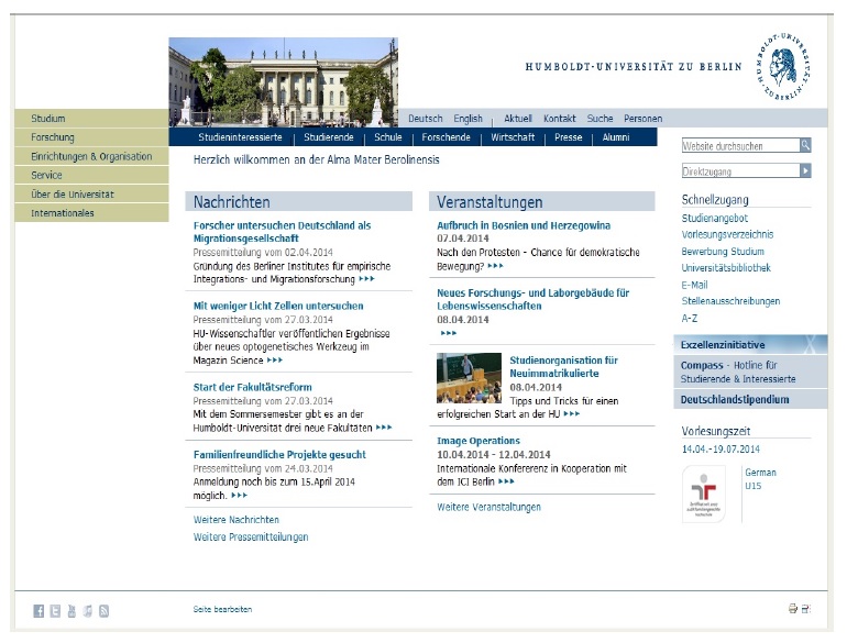 독일 베를린 훔볼트대학교 홈페이지(www.hu-berlin.de)
