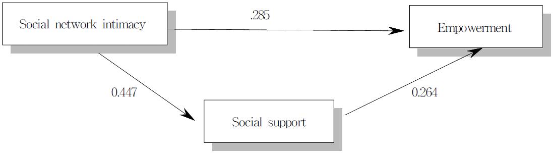 The Relationship among Social network intimacy, Social support and Empowerment
