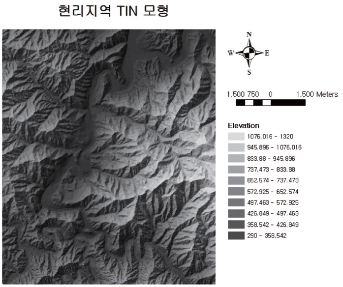 조사지역 주변의 불규칙삼각망(TIN)으로 구성한 고도분포도