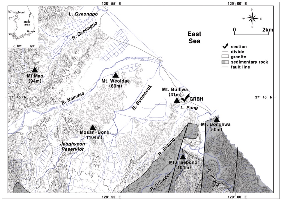 Topographical and geological settings around the section studied (GRBH). Geological boundaries are edited from KIGAM (2001).