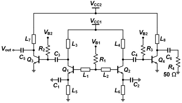 Schematic of the V-band oscillator developed in this work. R4 is added only for the individual test circuit and absent for the integrated signal source.