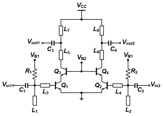 Schematic of the V-band amplifier developed in this work.