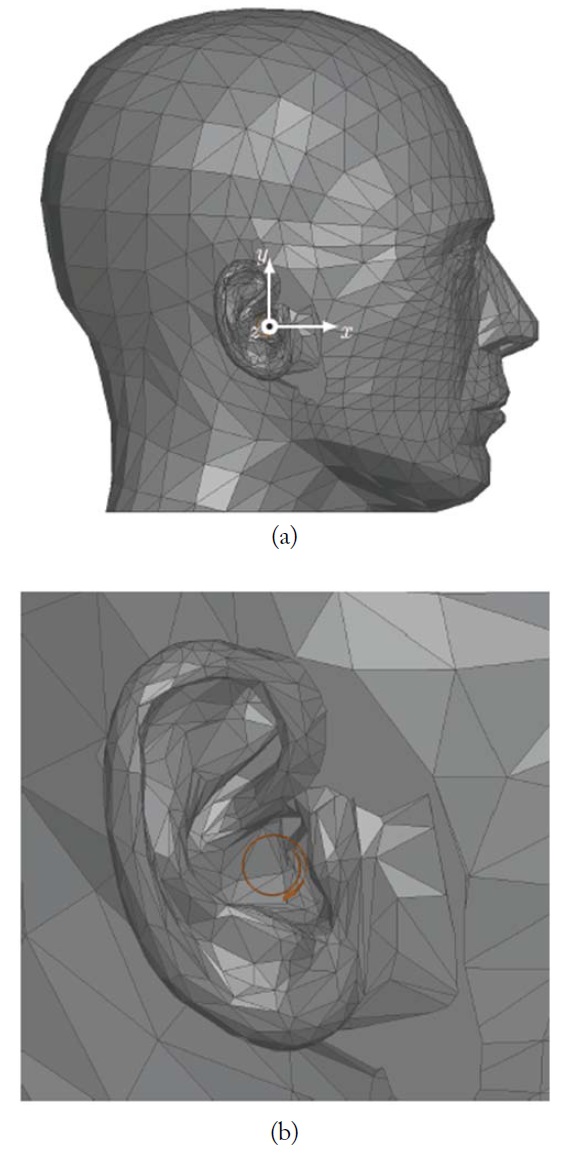 The specific anthropomorphic mannequin (SAM) phantom head (a) with the coordinate system used and the realistic ear (b) where the antenna can be seen (orange).