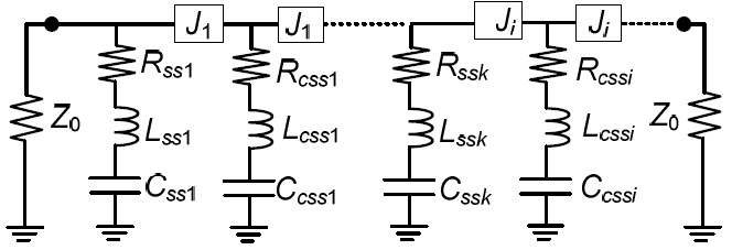Proposed negative group delay circuit with J-inverters and shunt-series RLC circuits.