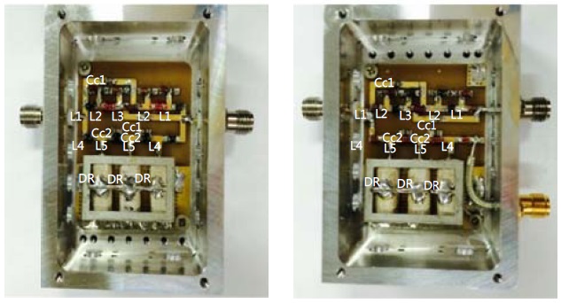Photograph of the proposed designs: (a) two-port(3.1 cm × 4.2 cm) and (b) three-port (diplexer; 3.1 cm × 4.2 cm)