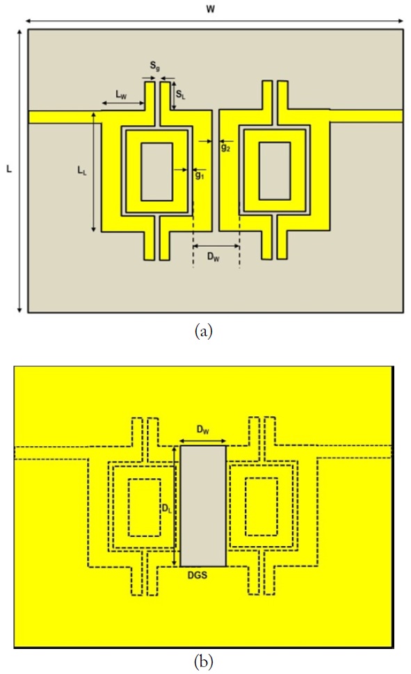 Geometry of the proposed band-pass filter [7]: (a) top plane and (b) bottom plane.