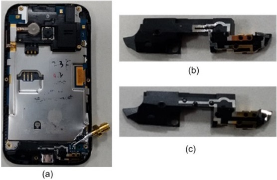 Fabricated PIFA models: (a) complete PIFA model (l = 10.8 mm) installed on a cellular phone, (b) PIFA geometry with a stub length of 0 mm, and (c) PIFA geometry with a stub length of 10.8 mm.