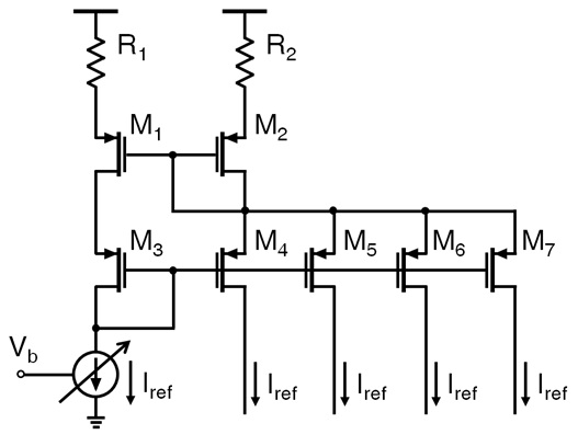 Block diagram of reference current source and control circuits for transconductors.