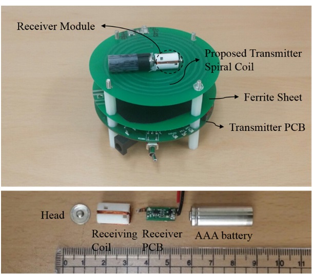 Implementation of 6.78 MHz proposed wireless rechargeable battery charging system (top), receiver module structure (bottom).