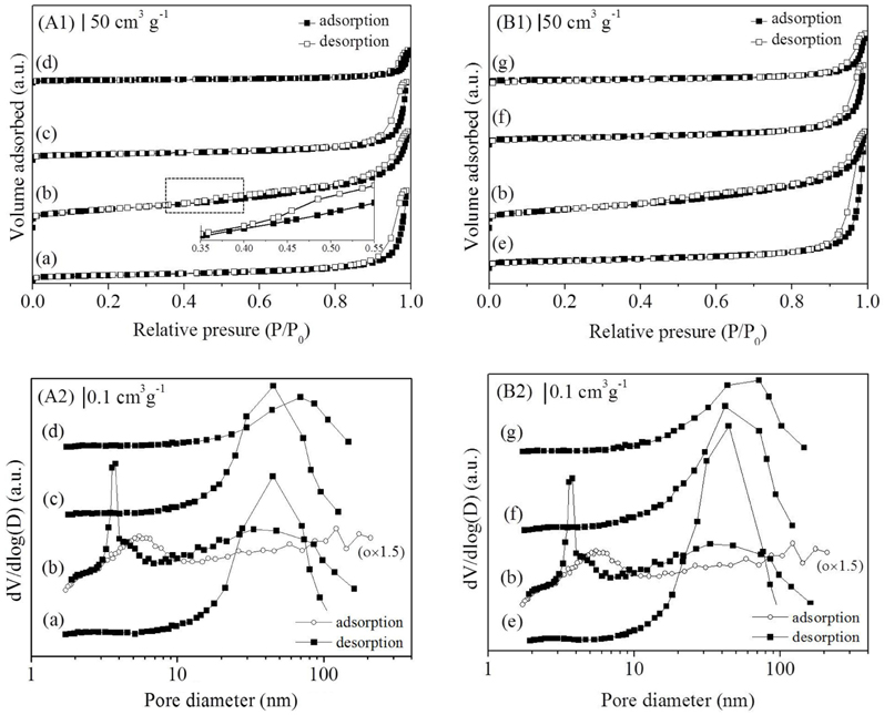 N2 adsorption-desorption isotherm linear plot and BJH pore size distribution derived from adsorption and desorption branch of isotherm of MnO2 catalysts synthesized in the condition of (A1, A2) different temperatures for 1 h, and (B1, B2) 150 ℃ for different hours: (a) Mn120(1), (b) Mn150(1), (c) Mn180(1), (d) Mn200(1), (e) Mn150(0.5), (f) Mn150(3), and (g) Mn150(5).