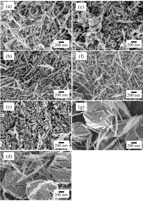 SEM images of MnO2 prepared by hydrothermal synthesis: (a) Mn120(1), (b) Mn150(1), (c) Mn180(1), (d) Mn200(1), (e) Mn150(0.5), (f) Mn150(3), and (g) Mn150(5).