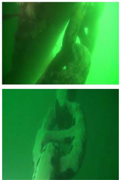 Underwater inspection of mooring chains (upper: contact part of chain guide, lower: center part of mooring chain catenary)