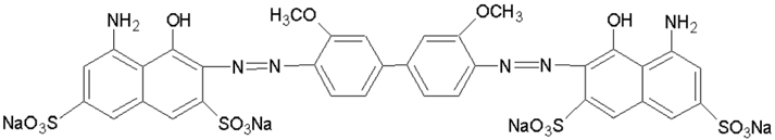 The structural formula of CI Direct Blue 15 (Chemical class: Diazo, CAS No.: 2429-74-5, M.W. = 992.8 g/mol).