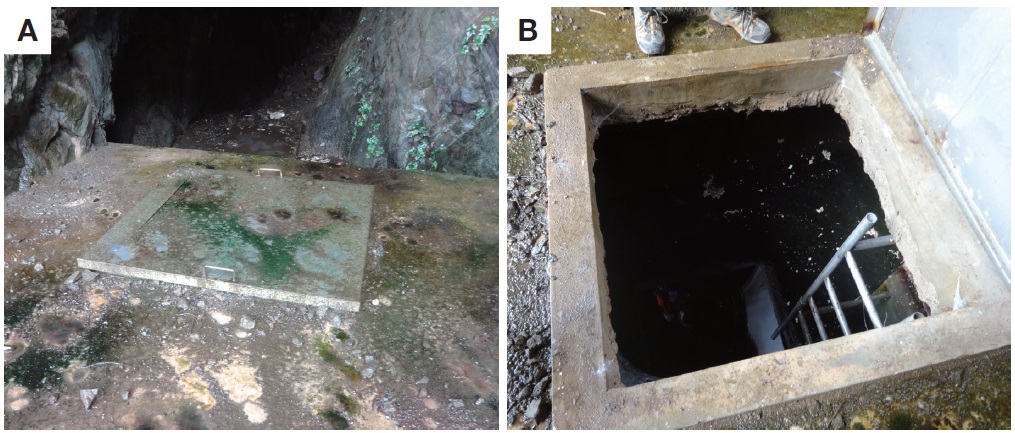 Sampling site in a freshwater pond, Mulgol, of Dokdo (37°14′22″N, 131°52′08″E) in Korea. A, A water well with lid; B, Opening the lid.